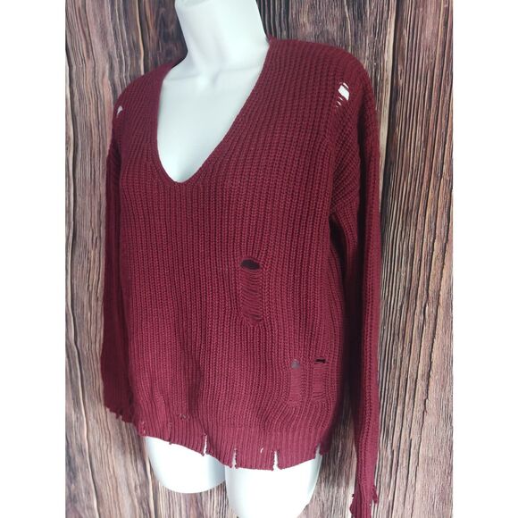 Sweet N Sinful Maroon Ripped Cut Up Looking Sweater Size Small - Picture 2 of 6